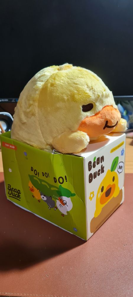 3/4 view of a yellow duck with orange bill posture corrector plushie, still in packaging. 