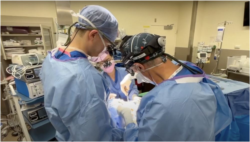 In an operating room, surgeons are working on a patient, surrounded by medical equipment.
