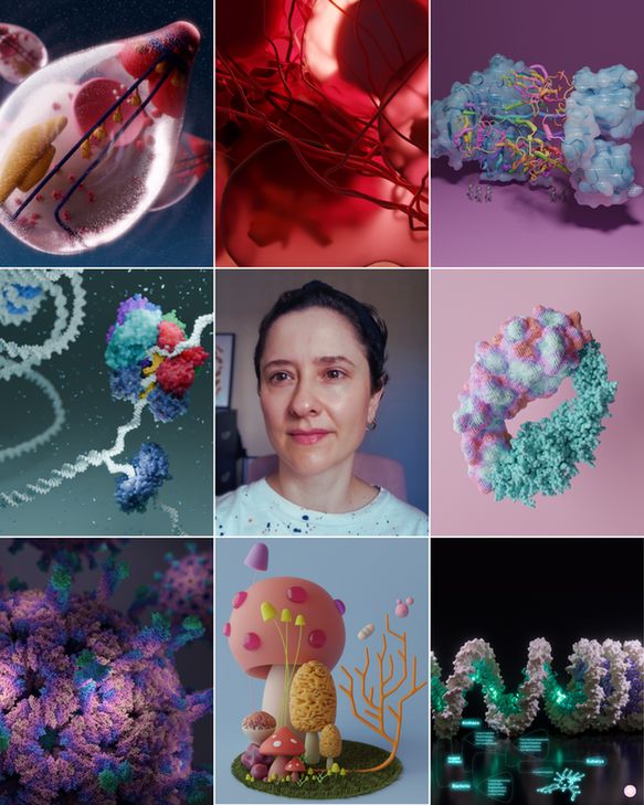 A grid of 9 illustrations with the artist in the middle. 