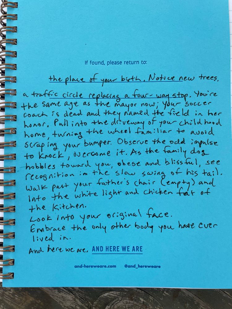 Inside cover of a notebook, with printed text reading: "if found, please return to:" beneath that is handwriting that says:
" the place of your birth. Notice new trees, a traffic circle replacing a four-way stop. You are the same age as the mayor now; your soccer coach is dead and they named the field in her honor. Pull into the driveway of your childhood home, turning the wheel familiar to avoid scraping your bumper. Observe the odd impulse to knock; overcome it. As the family dog hobbles toward you, obese and blissful, see recognition in the slow swing of his tail. Walk past your father's chair (empty) and into the white light and chicken fat of the kitchen. 
Look into your original face. 
Embrace the only other body you have ever lived in. 
And here we are.  