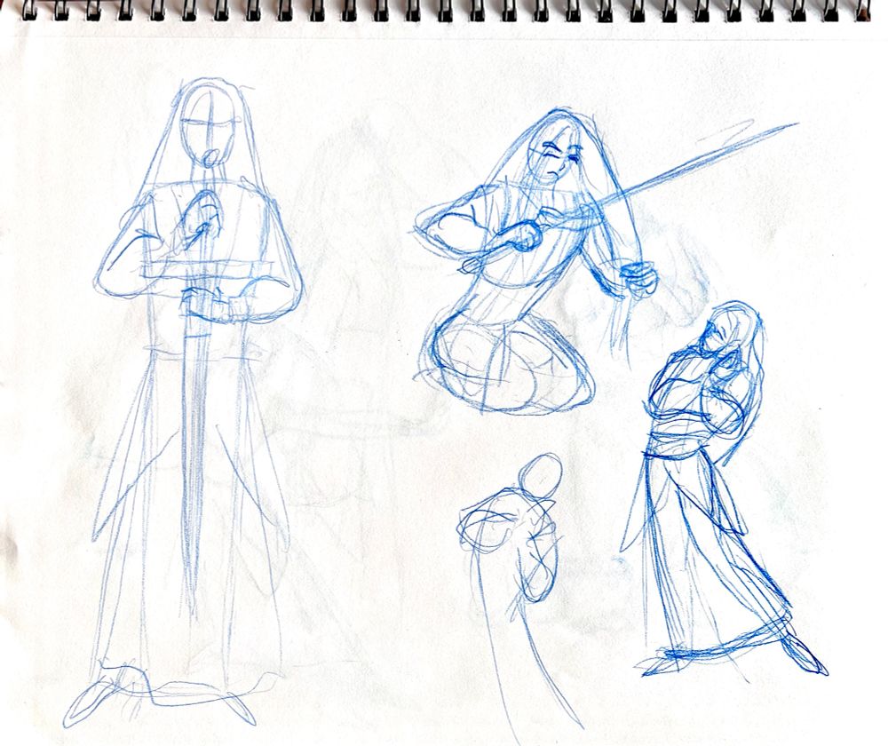 Gesture drawings of Fa Mulan from “Mulan” (1998, dir. Barry Cook & Tony Bancroft)
On the left, she’s holding a sword in a front view.
On the right are sketches of her cutting her hair with the sword and one of Mulan standing in a daydreaming manner.
By Luke Perkins (11/15/25)