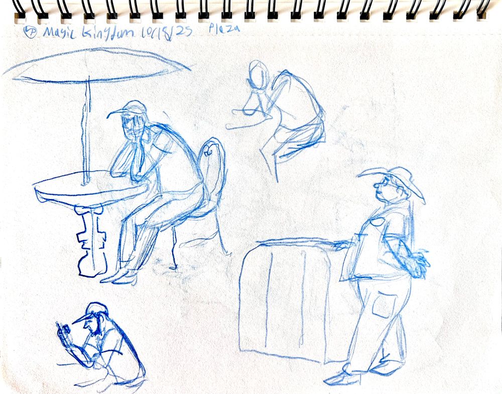 Sketches done of people in the Plaza restaurant on Main Street at the Magic Kingdom.
Features a lonely person sitting and texting on their phone, and a worker nearer a trash can greeting the guests.
Sketches by Luke Perkins (10/18/25)