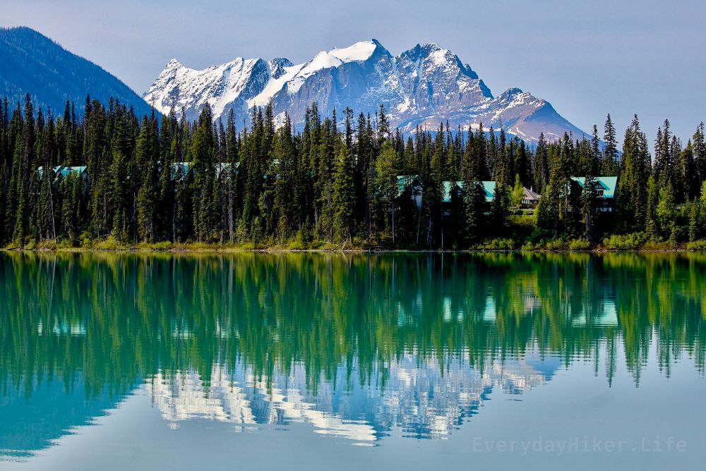 Looking south across Emerald lake towards Mount Burgess which is reflected in the rippled water.