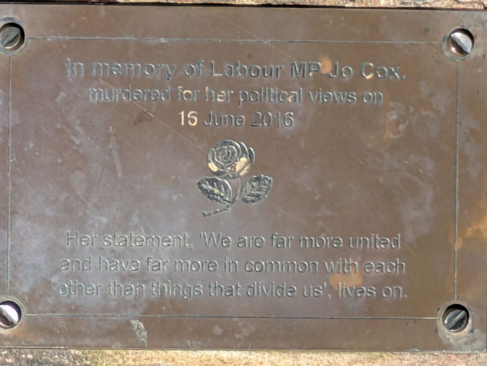 Plaque in Belmont Park Exeter
With inscription in memory of Jo Cox MP murdered 16 June 2016


