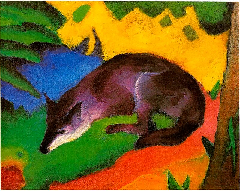 Franz Marc, Le Renard bleu-noir, 1911.
Peinture expressionniste représentant un renard assoupi sous un arbre