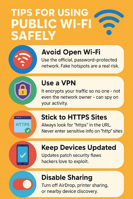 Infographic with 5 tips for using public WiFi safely — focused on privacy for beginners.