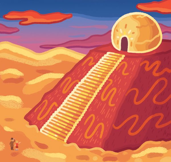 A hot desert scene with a golden temple sitting upon a red rock base, with many golden stairs leading up to it. Two characters are standing at the bottom of the stairs pointing up. The sky is a mixture of blues and purples with red and purple clouds.