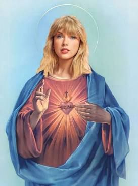 Taylor Swift depicted as Jesus, with a glowing heart, in a stylized religious portrait.