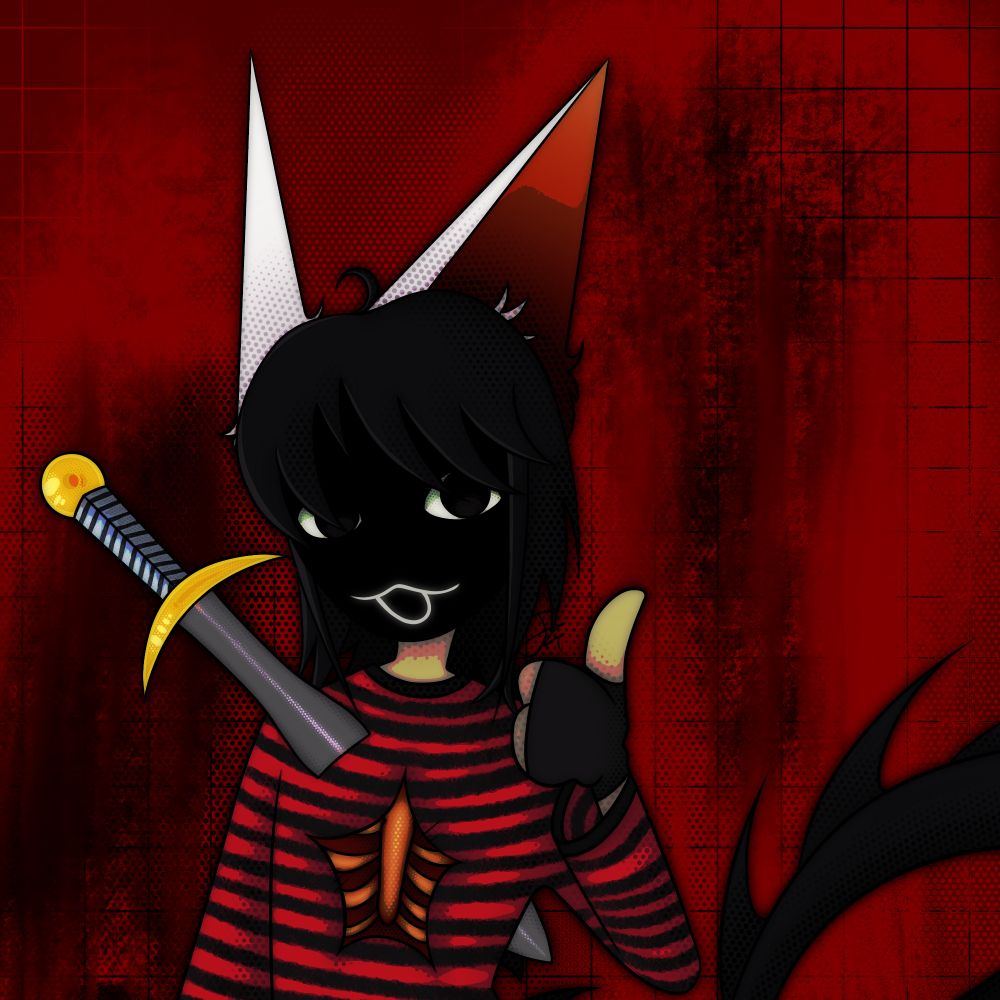 A humanoid creature with a void-like face and long white ears, a sword sticking out of its chest and a red sweater with fingerless gloves