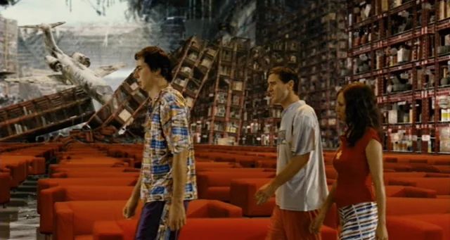 Still from the film Idiocracy where an airplane had crashed through the ceiling of a Costco and has been left for years. 