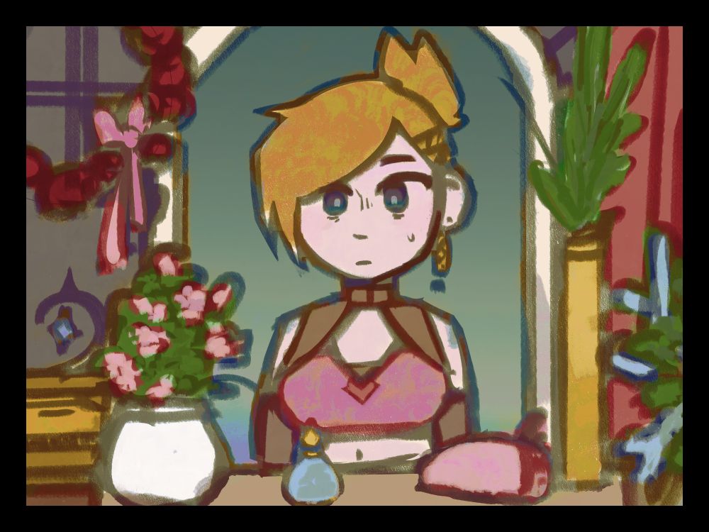 digital art of minfillia warde from final fantasy xiv staring into a mirror with an empty yet disturbed expression. she is surrounded by plants, a pink ribbon, a music box with a blue crystal, and a blue perfume bottle.