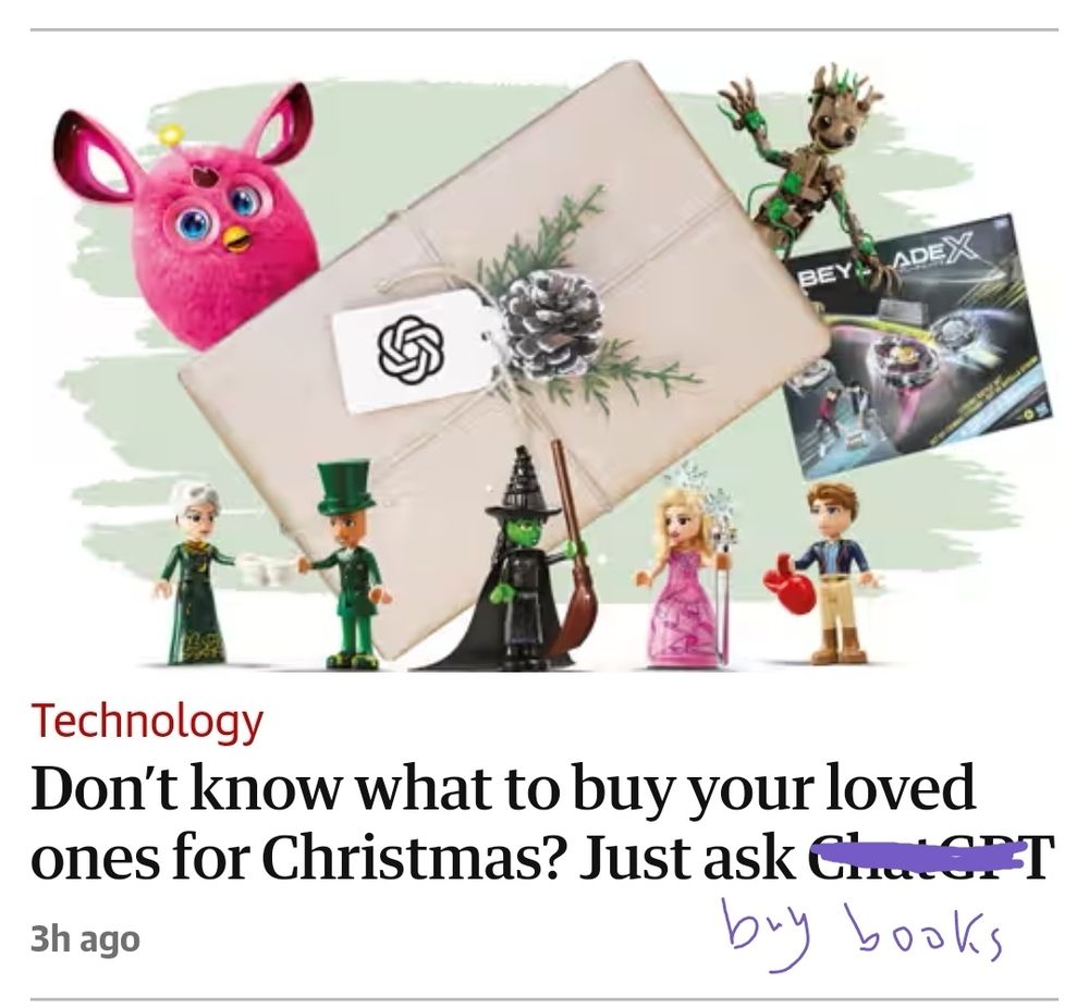 Guardian article suggesting using Chatgbt to pick gifts, amended to say 'buy books' 