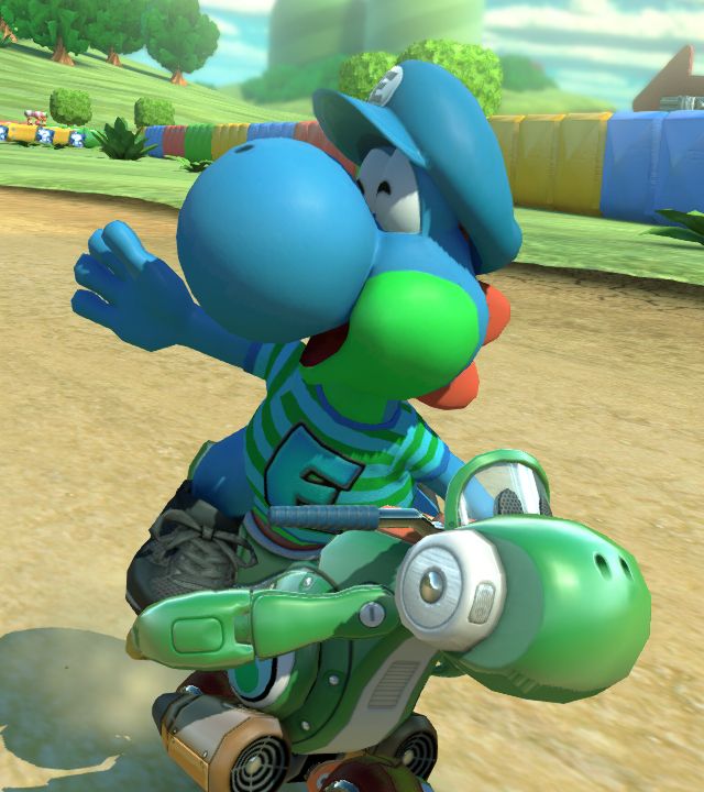 MysterE Yoshi on the Yoshi Bike in SNES Donut Plains 2 (custom track), waving happily
