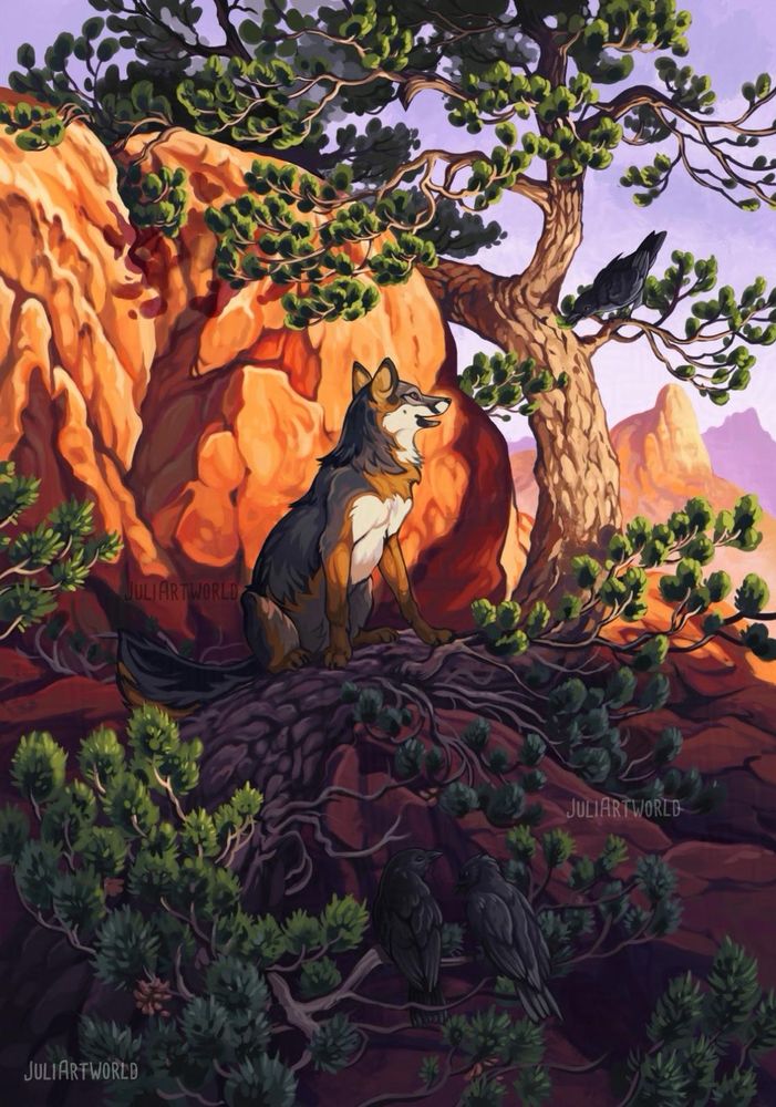 digital painting in procreate. A rocky landscape with a big pine tree hugging the rocks. The evening sun paints the upper part in golden colors. A fox can be found sitting on a tree looking up at a crow. Two more crows sitting on a branch in the shadow.