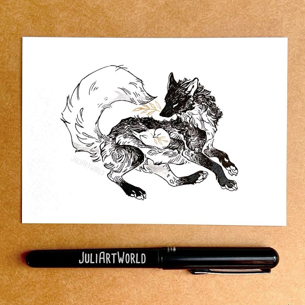 ink and fineliner drawing of a fox with a golden branch and a sleeping dove. inktober