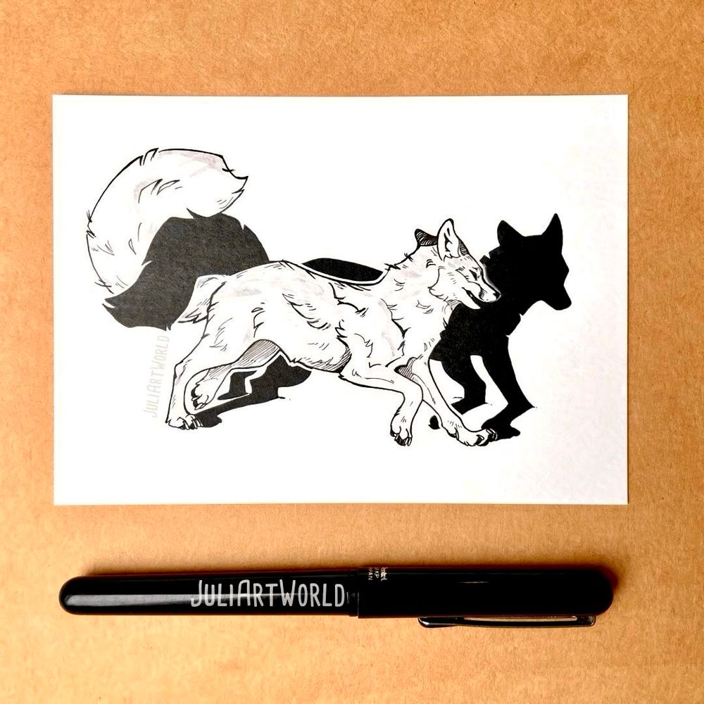 fineliner and ink drawing of a fox speaking to their shadow