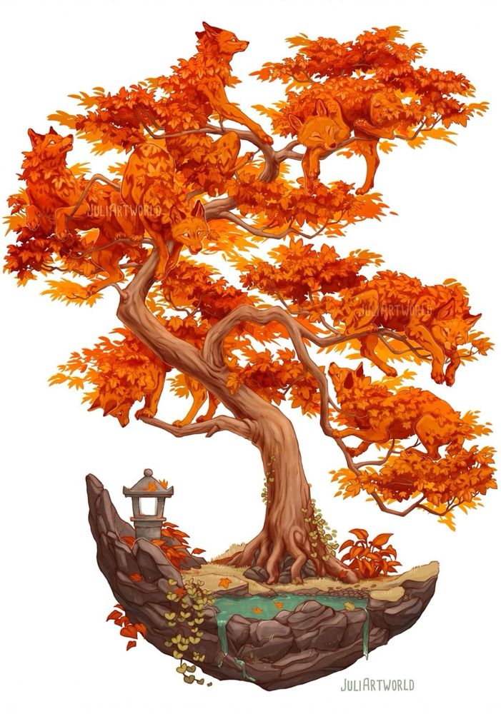 Digital painting in procreate. A big maple tree during fall season. The leaves are foxes. In front of the tree is a small pond and to the left a japanese stone lantern. A small frog is hidden in the picture.