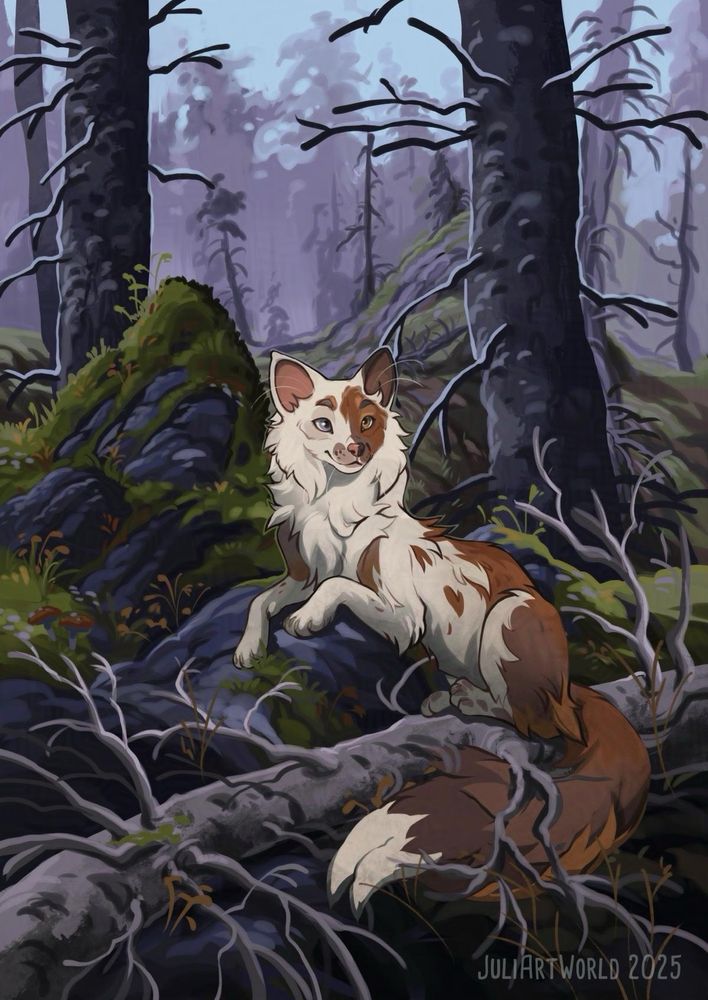 digital painting in Procreate. A white brown fox sitting on a fallen tree and rocks in a forest. charachter belongs to cicadajo on TH artfight