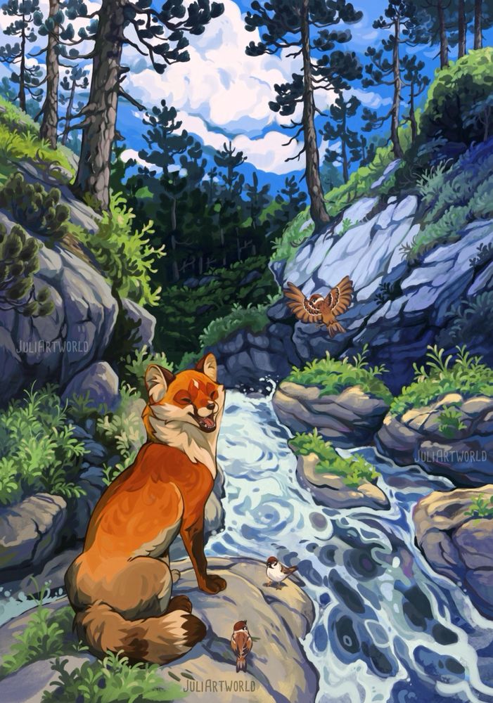 digital painting in Procreate. A small river flows trough a rocky landscape with pine trees and greenery. The blue sky is filled with white clouds. In front of a stone between the water sits a fox (my OC Jascha) looking up at a flying sparrow. On the same rock are two more sparrows.