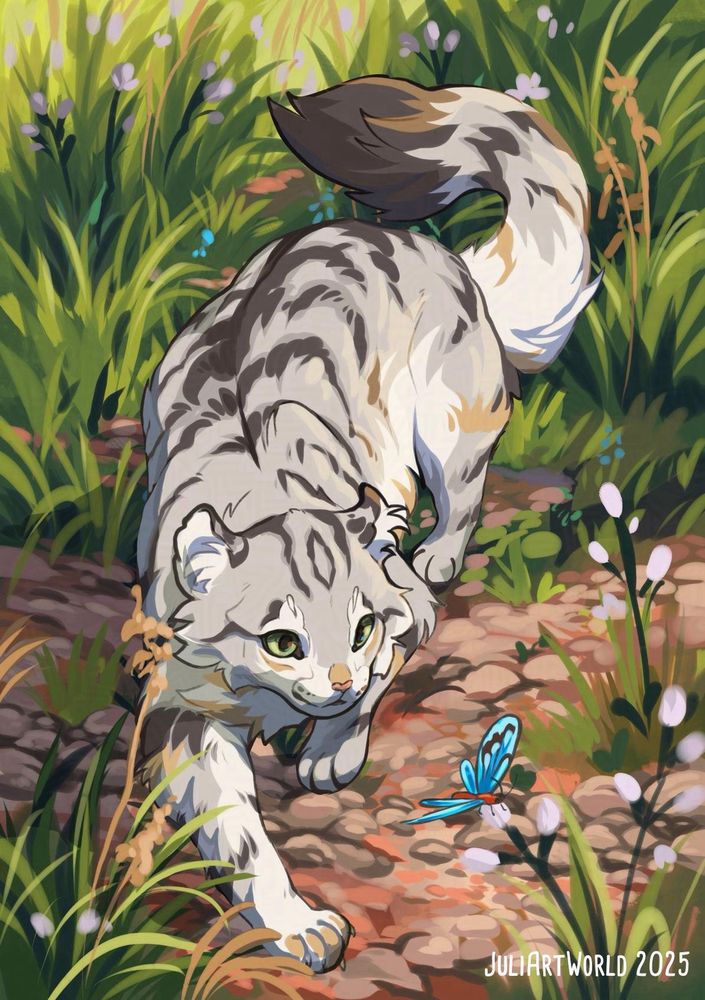 digital painting of a grey cat following a blue butterfly. top down view on ground with stones and grass