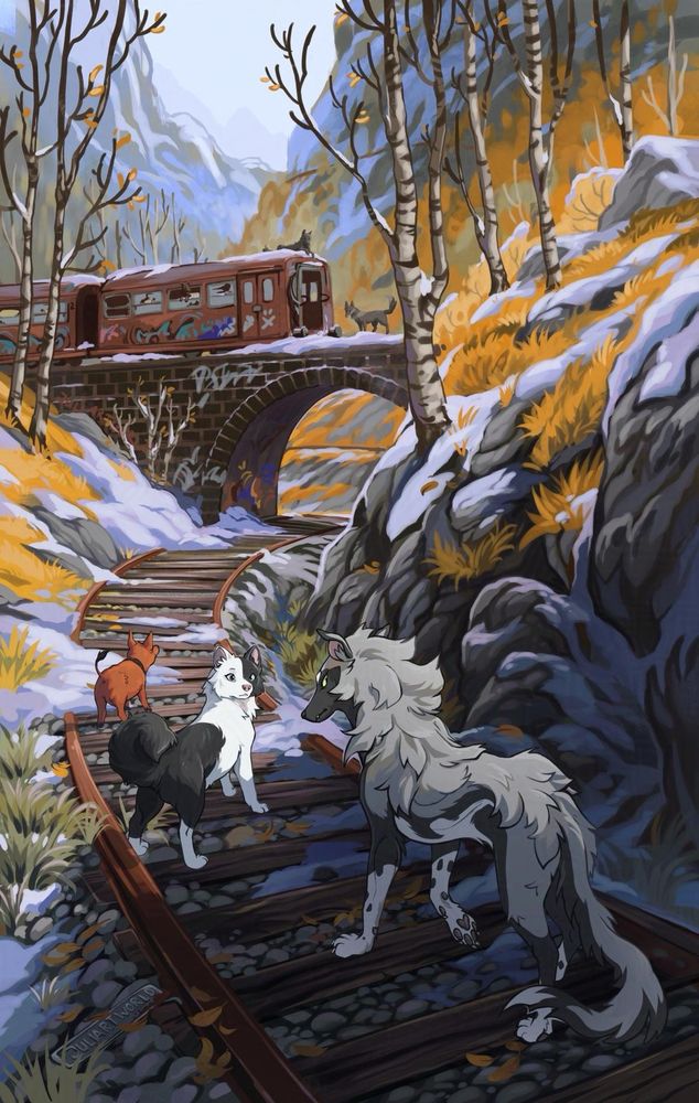 digital painting. A mountain landscape with a railroad and a bridge in the middle ground during the first snow. On the bridge is an old train with graffiti. A few dogs are visible. In the foreground are two dogs and a pig. A grey borzoi mix and a black and white akita mix walking on the rails. The characters are from the comic Lost Scent.