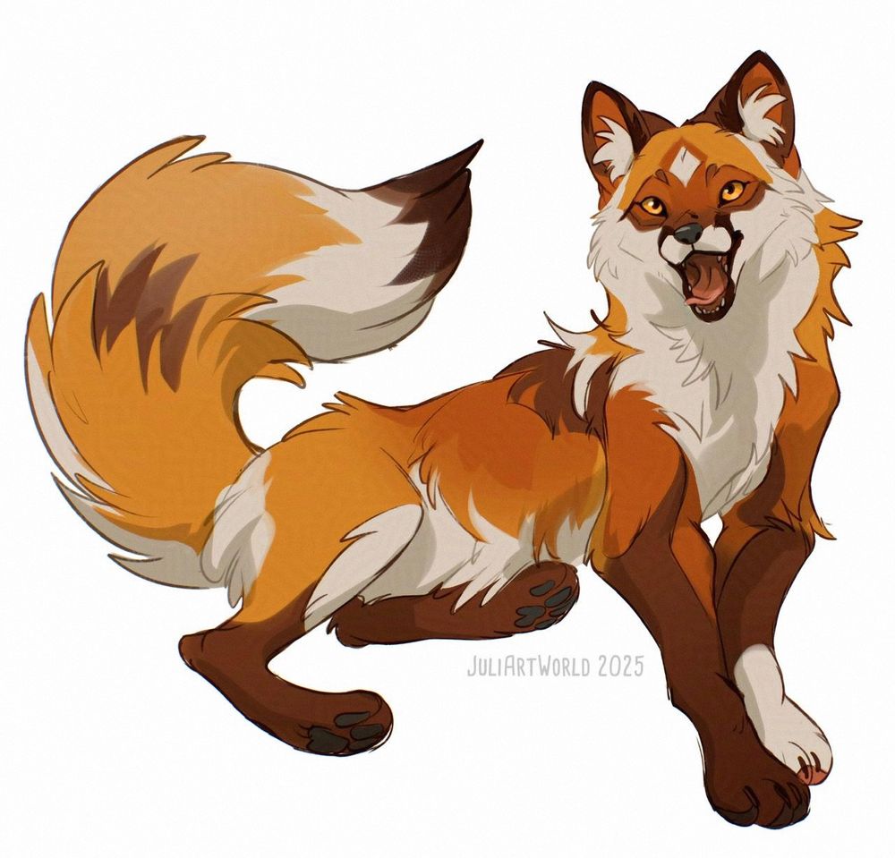 digital sketch. A red fox oc named Jascha in a laying pose, looking happy, frontal with an open mouth. With a white left paw, a white spot on the forehead and neck.