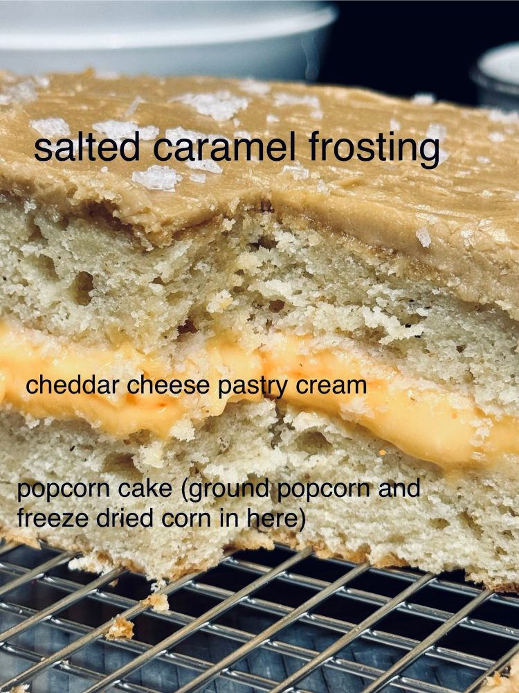 a cross section photo of a layer cake on a wire rack. the frosting is brown with flaky salt crystals scattered on it, and the caption “salted caramel frosting,” the first cake layer
is a pale beige, the filling is a bright orange pudding with the caption “cheddar cheese pastry cream” and the lower cake layer is also beige with the caption “popcorn cake (ground popcorn and freeze dried corn in here)” 