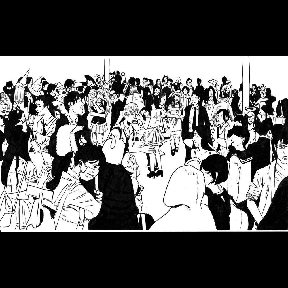 pen and ink drawing of a crowd scene, somewhere in Japan, during halloween