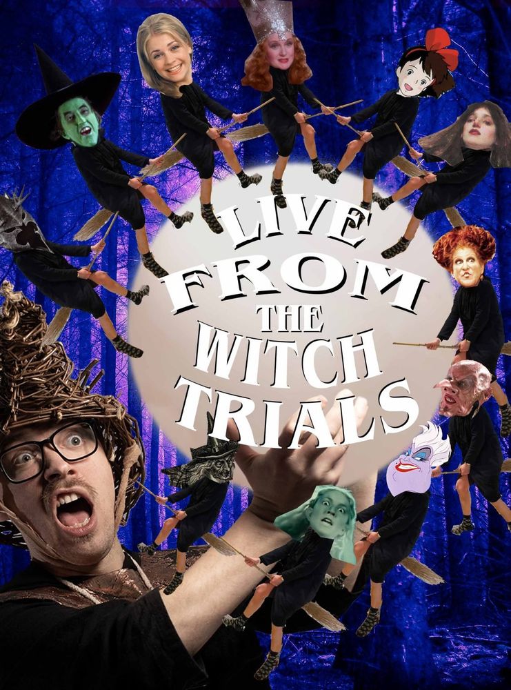 image with Edy in a pointy hat and many fictional witches flying around a big moon