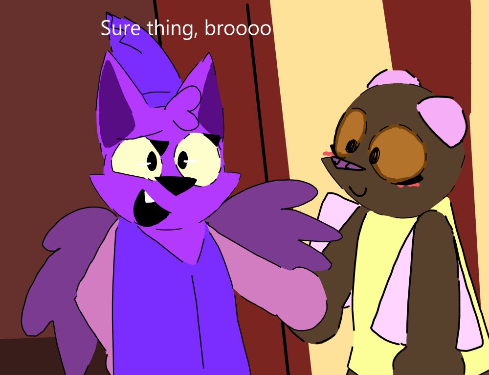 A purple bat saying "Sure thing, brooo" with a colugo next to her, holding her hand.