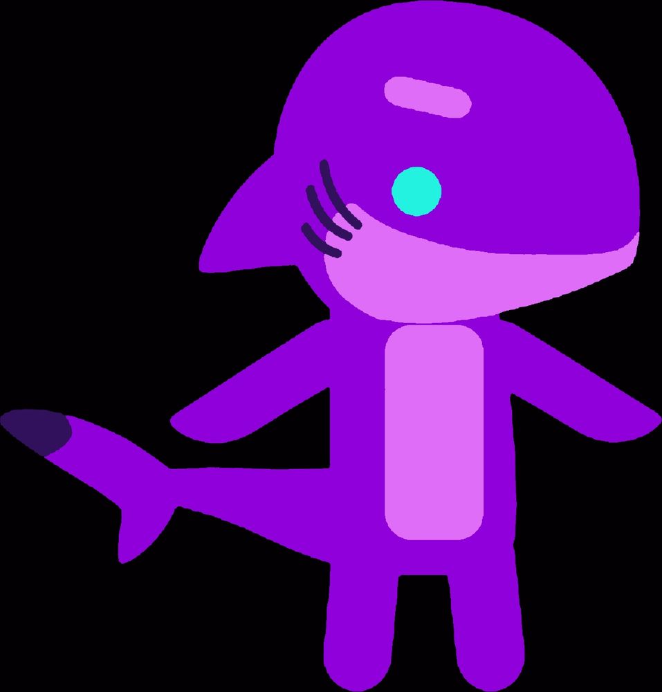 Colored image; an ilustration of a purple colored, chibi shark with cyan eyes.