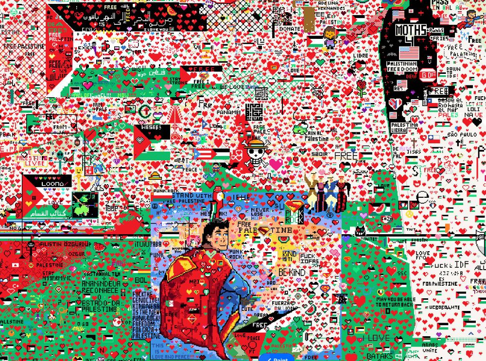 more and more hearts, a smiling superman, more flags of various nations, and many more palistine flags