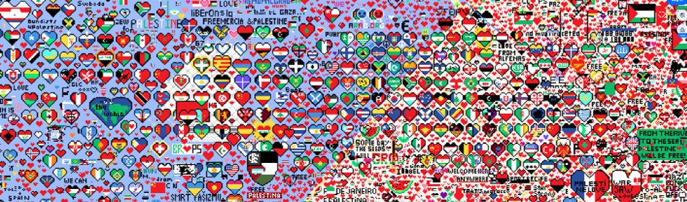 endless hearts with the flags of many, many nations adorning them, red hearts reaching every corner of the image, everything is hearts with occasional messages calling for palestines freedom