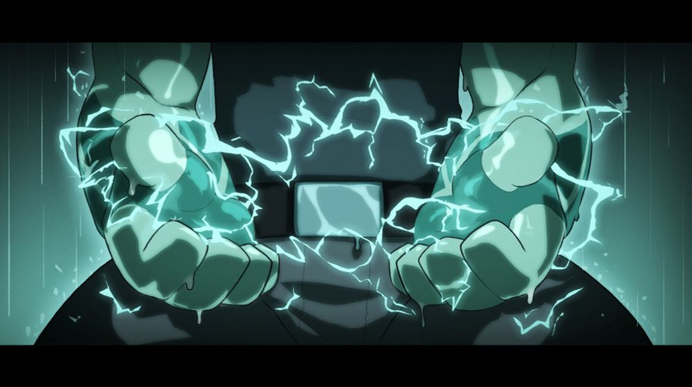 close up of kheil's hands sparking electricity in the rain