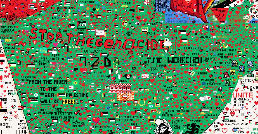 more hearts in the south, large red text that says "stop the genocide", many more messages like it everywhere