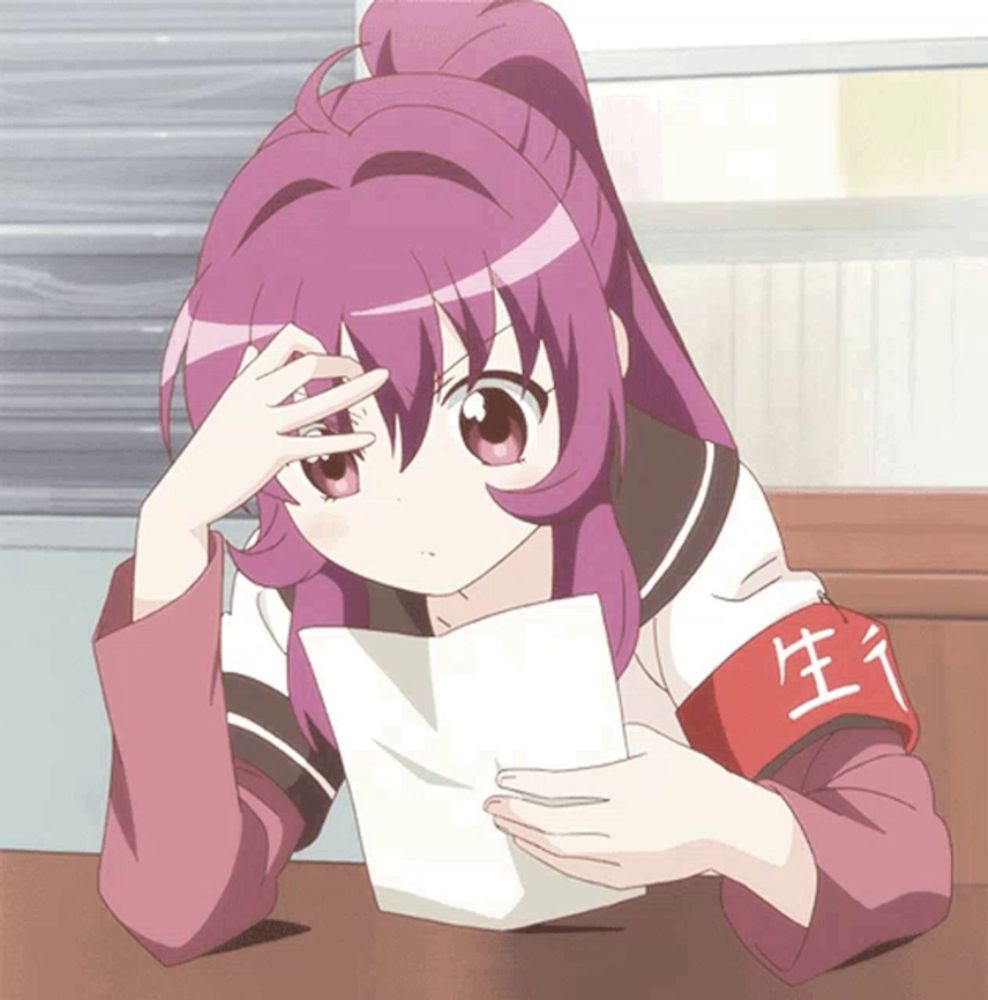 a girl with purple hair is holding a piece of paper and has a red armband that says ' 生 ' on it