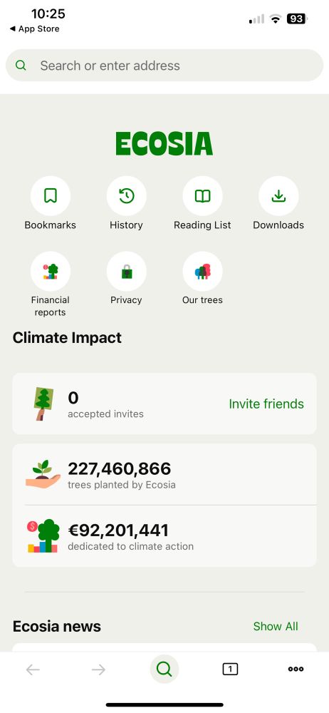 Ecosia app start page on iOS. 