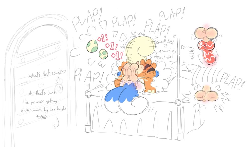 Renns the growlithe knight thrusting into shai the meowstic princess on her fancy plush royal bed! Egg symbols with “+1!”s fly off with every plap! Theyre both moaning out their pokemon names!

Through a castle door, two guards banter
G1: “what’s that sound??”
G2: “oh, that’s just the princess getting dicked down by her knight *again*”