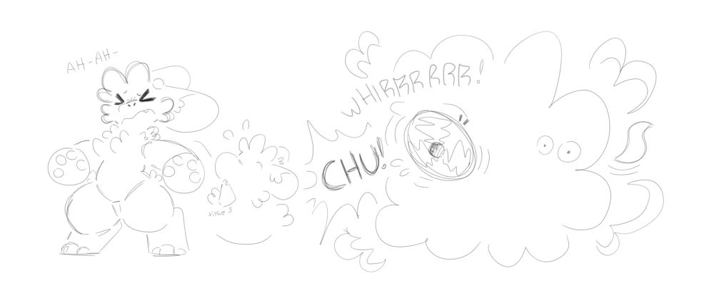Renns rearing up to sneeze,, then as he does, a poof of smoke covers him, and a whirring propellor appears on his nose!