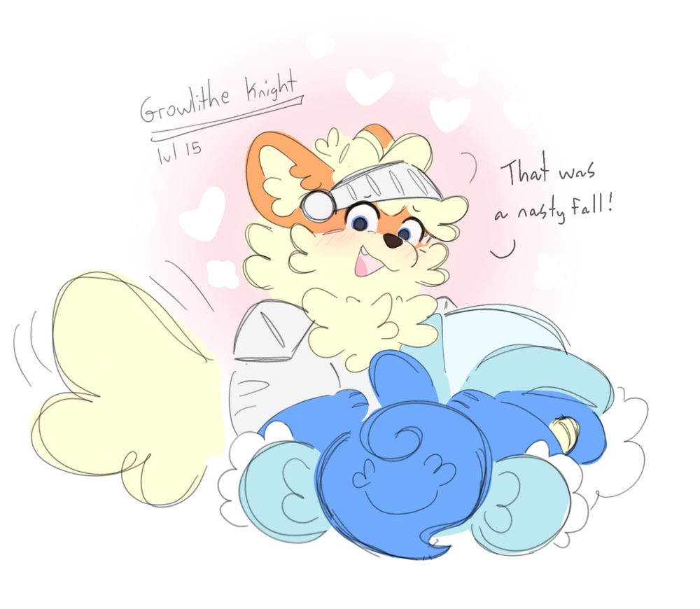 Shai is being bridal carried by a growlithe knight! Through the eyes of Shai, he’s VERY fluffy and handsome-
“That was a nasty fall!”
His ui says “growlithe knight lvl 15”