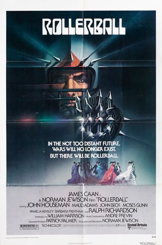 Movie poster for the original Rollerball (1975) starring James Caan. The poster has the word Rollerball at the top and an image of James Caan, portraying Jonathan E, wearing a helmet and gauntlet, both of which have spikes protruding from them.