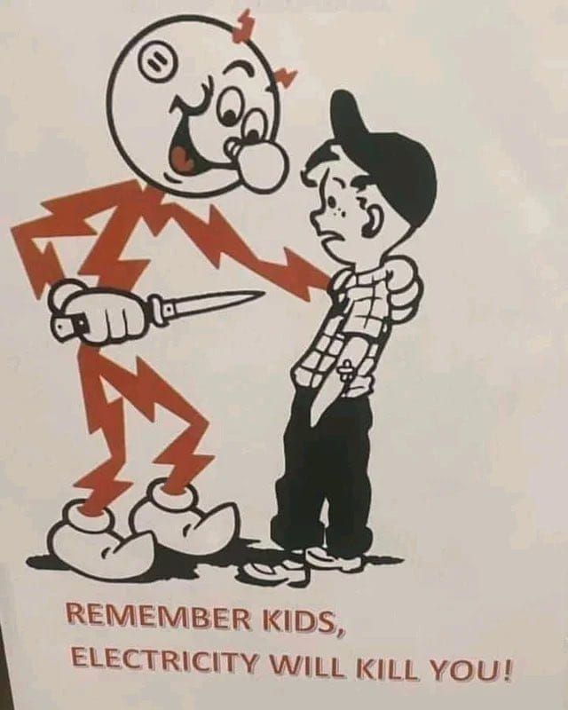 1950's Public Service Announcement warning kids that electricity will kill them by showing Electricity Man holding a knife(!)