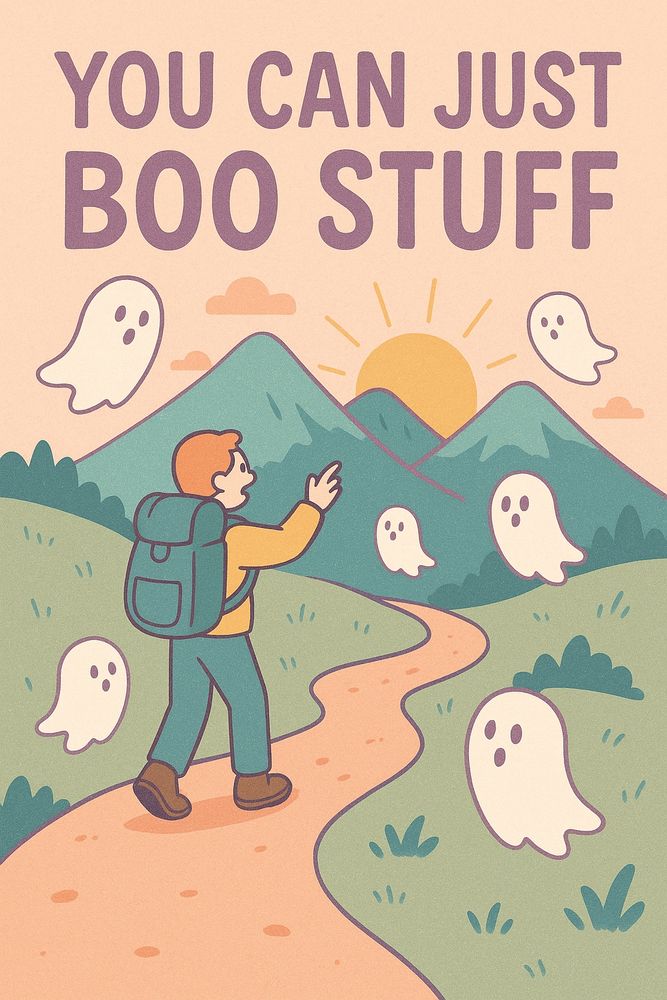 A pastel-colored motivational poster showing a person with a backpack hiking along a mountain trail at sunrise, surrounded by cute Halloween ghosts. The caption reads ‘You Can Just Boo Stuff,’ playing on the pun between ‘do’ and ‘boo’.