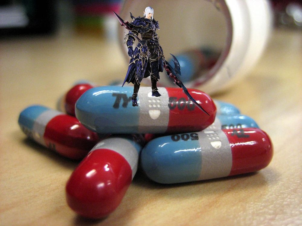 Estinien Varlineau PNG superimposed on an image of Tylenol (acetaminophen) spilling out of a upturned bottle.