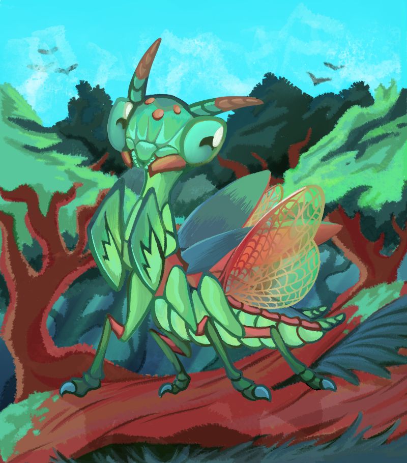 A green/cyan mantis is sitting on top of a tree stump in a dense jungle like environment. Several other brown trees can be seen in the background and the sky above has some faraway birds in the misty sky above. The bug in the middle has its red wings spread out and has a happy expression on its face.