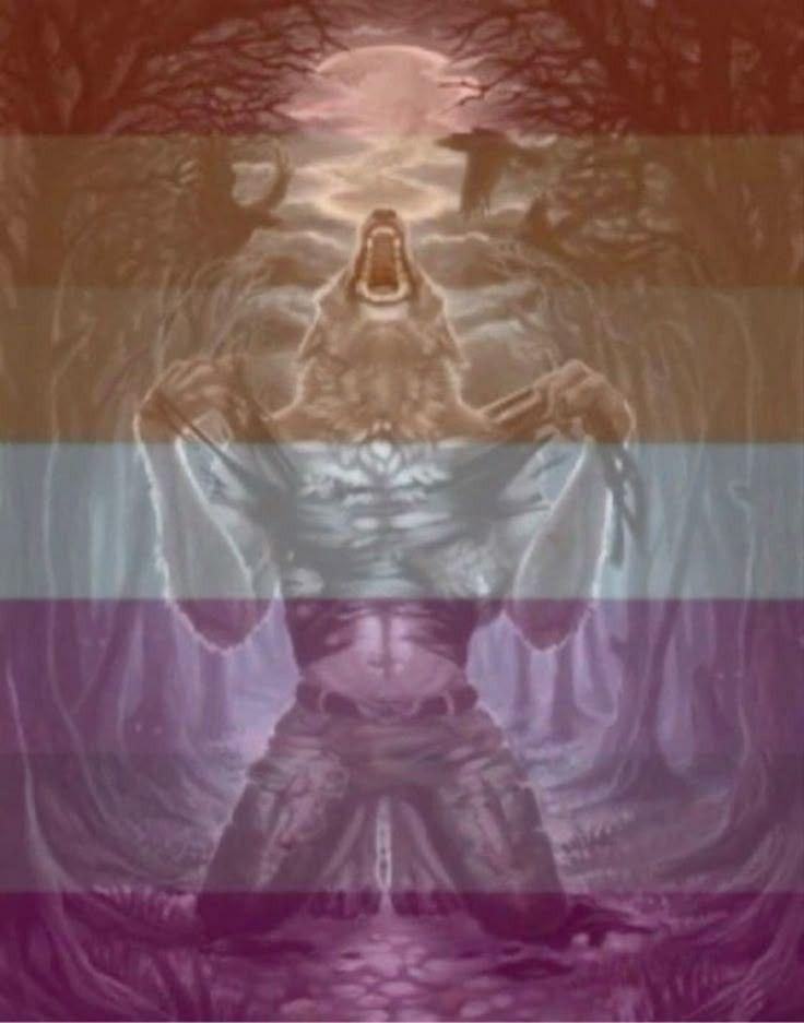 wolf tearing shirt open with lesbian flag overlayed