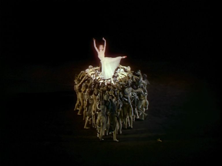 A still image of the ballerina Victoria Page on stage from the movie The Red Shoes [1948].