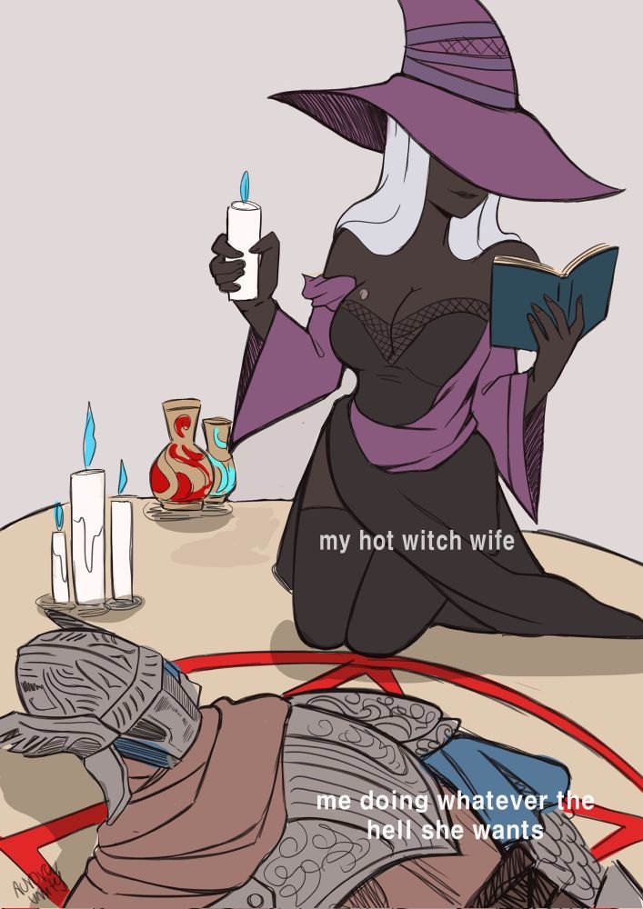 a graphic of a witch holding a candle and reading from a grimoire while a volunteer lays center across a sigil. a label is added over the witch that says “my hot witch wife” and another label is added over the volunteer that says “me doing whatever the hell she wants” 