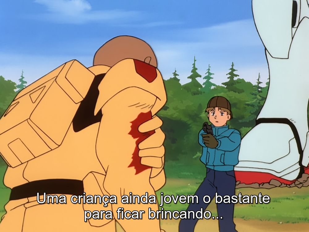 Na mira da arma de Uso, Watarry se mostra desolado com a situação. Para ele, uma criança como Uso deveria estar brincando. (Episódio 6 de "Victory Gundam")