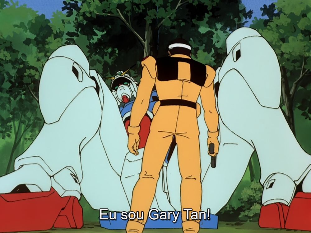 Com o Gundam no chão, o soldado Gary Tan saca a sua pistola (Episódio 5 de "Victory Gundam").